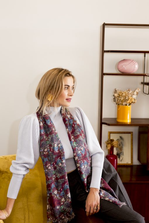 Burgundy silk wool women's scarf with fringe