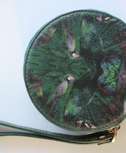 Green bird print leather purse for women.